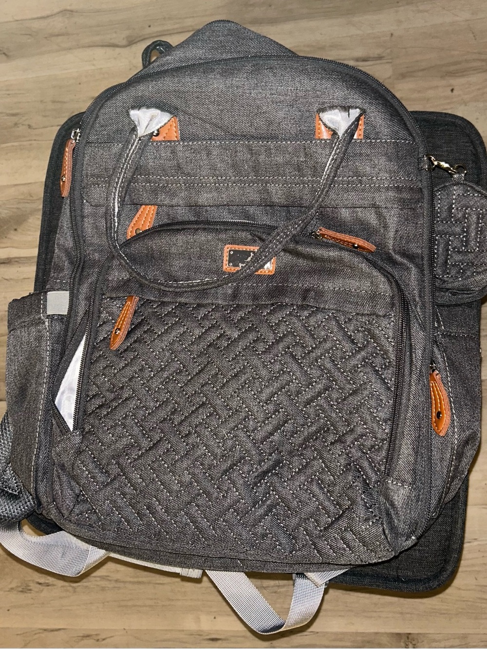 Quilted Grey Baby Bag Backpack with Tan Accent Details